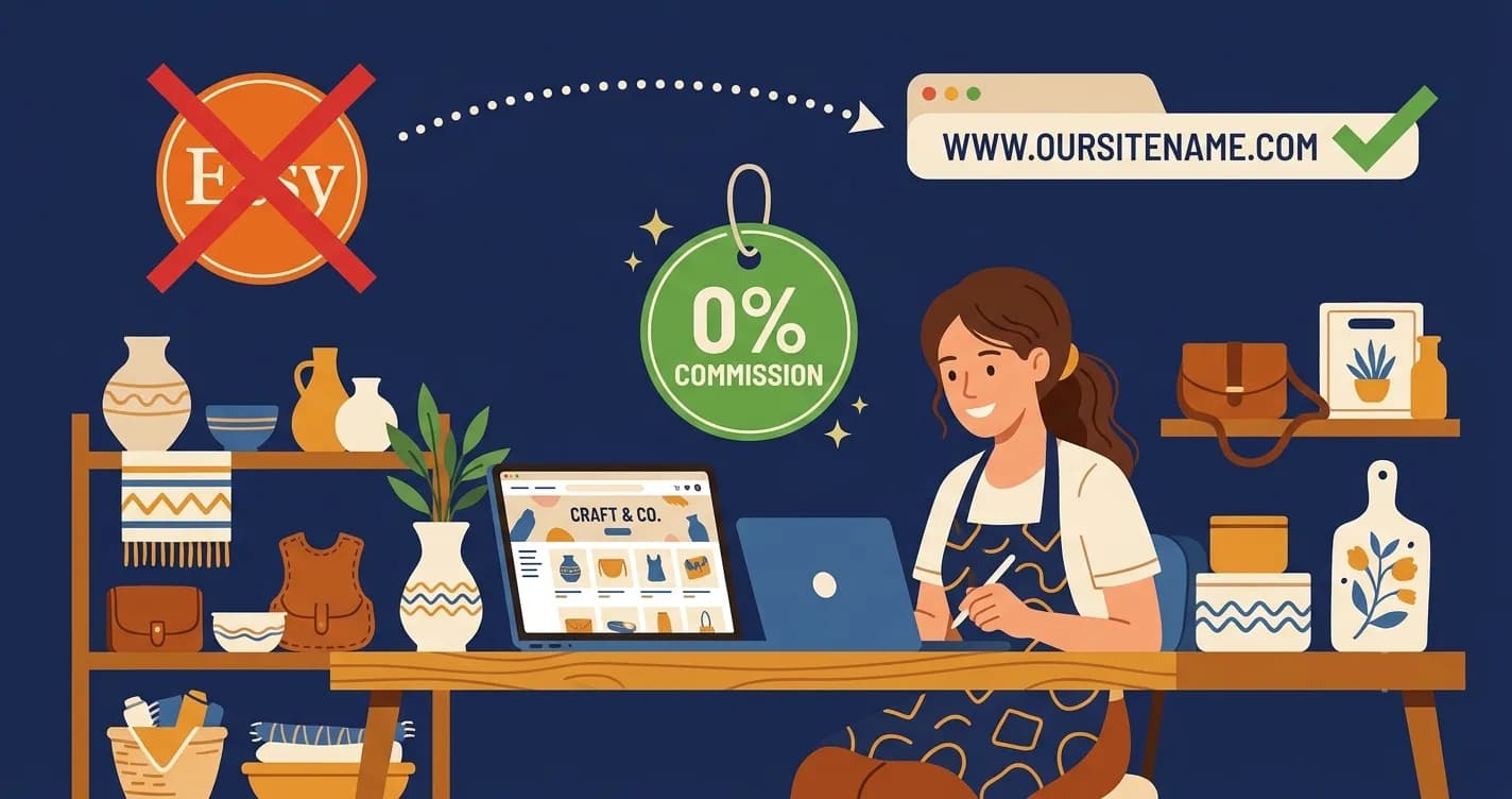 Crafter with handmade goods and laptop showing their own website store with zero commission fees, representing the best website builders for crafters and Etsy sellers in 2026'