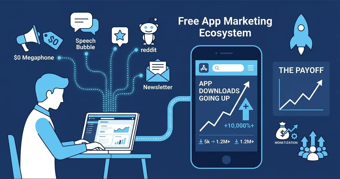 "Person using free app marketing strategies including ASO, community, and email to grow mobile app downloads in 2026"