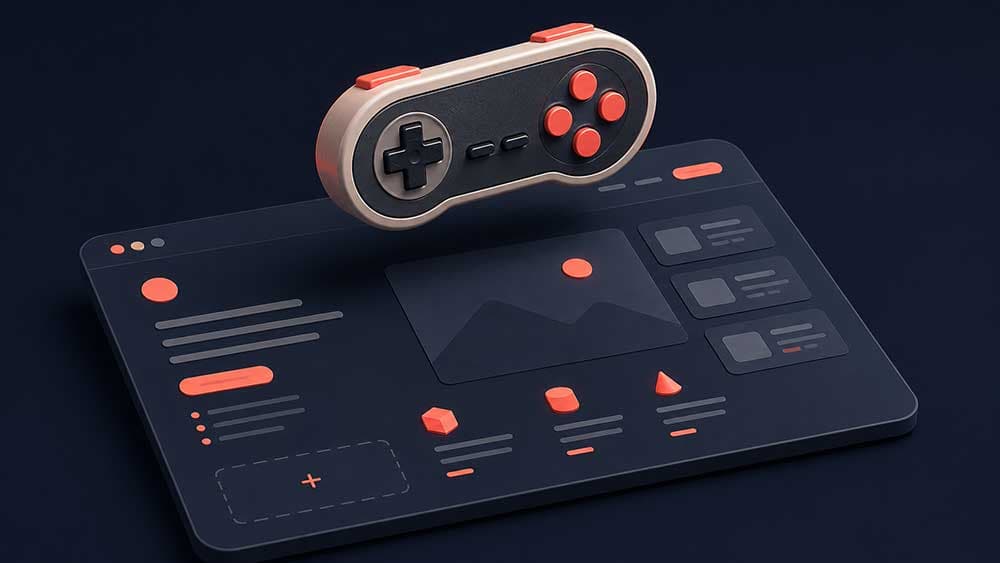Isometric 3D render of a game controller hovering above a mobile app landing page wireframe on a dark navy background with coral accents