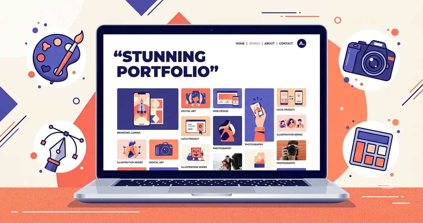 Creative portfolio website shown on a laptop with image grid and minimal navigation, representing the best website builders for creatives and designers in 2026'