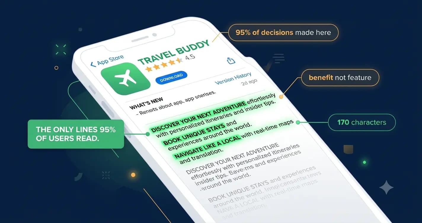"Smartphone showing an App Store description with the critical first 3 lines highlighted, illustrating where app store conversion decisions are made"