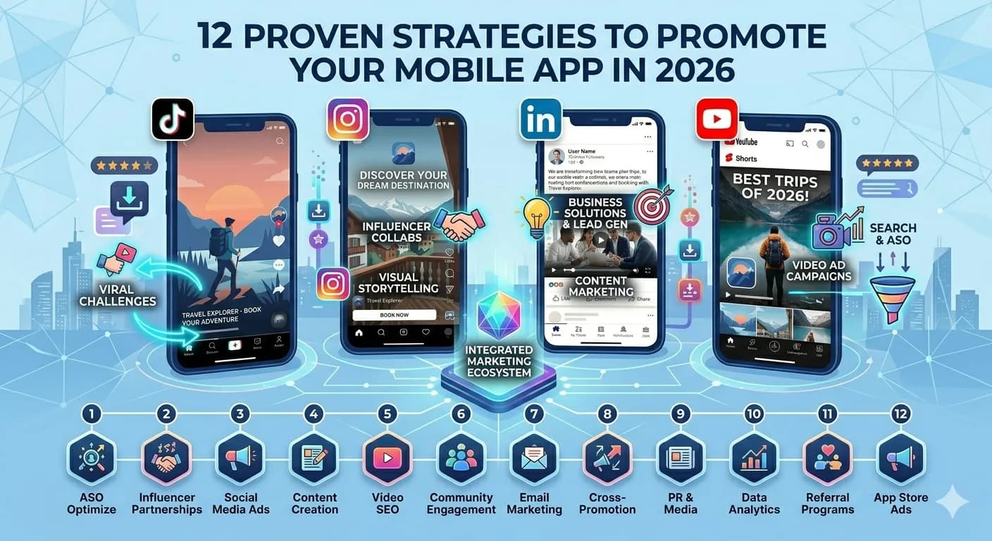 4 mobile mockup with 12 Proven Strategies to Promote Your Mobile App in 2026 title above