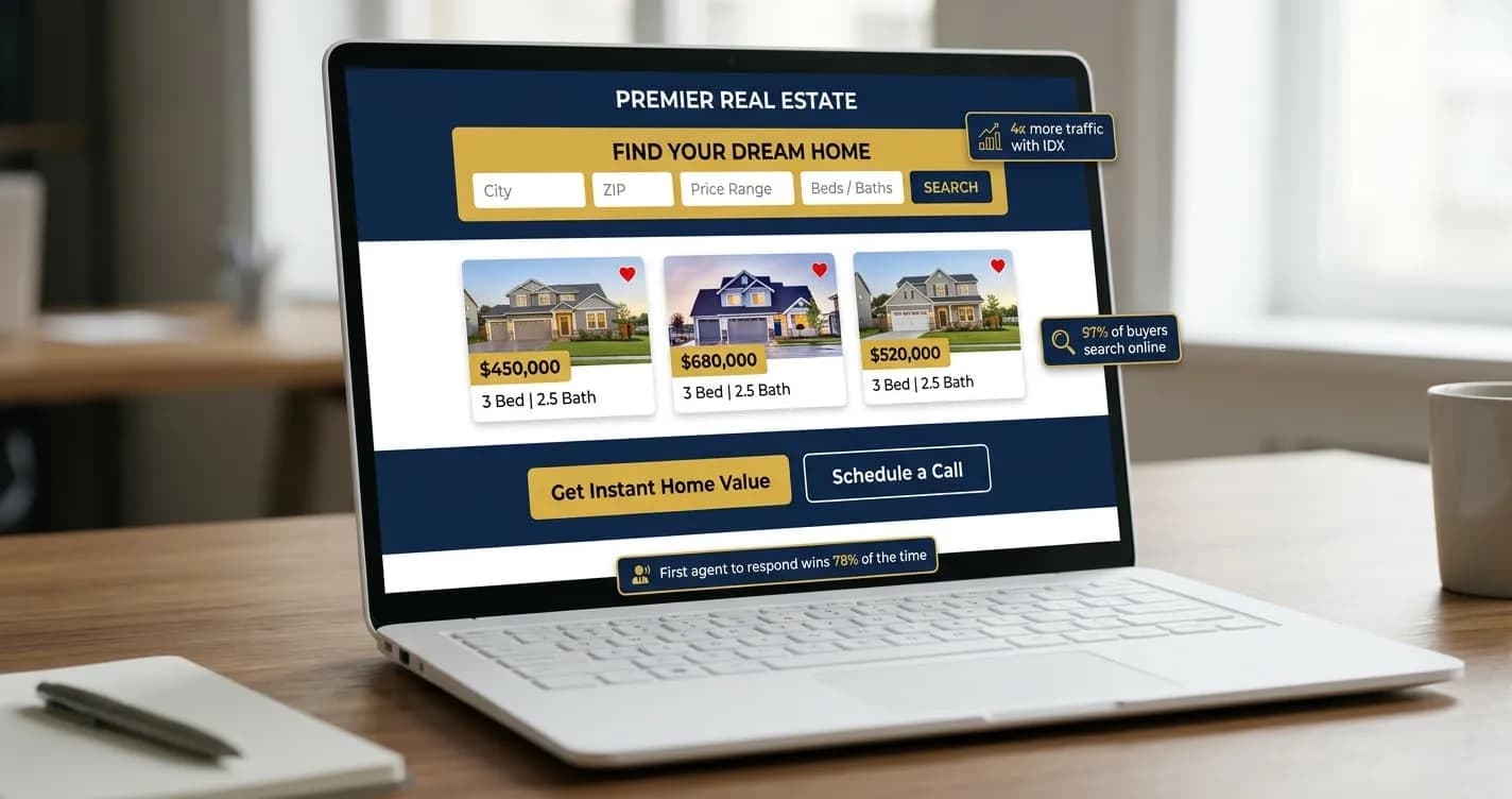 'Real estate agent website showing IDX property search bar, listing cards, home value CTA, and lead generation stats, representing the best website builders for real estate agents in 2026
