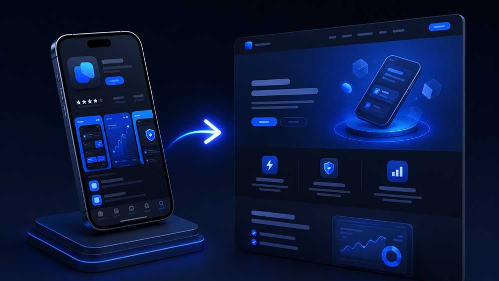 3D isometric render showing an App Store listing transforming into a clean landing page, connected by a glowing blue arrow on a dark navy background.