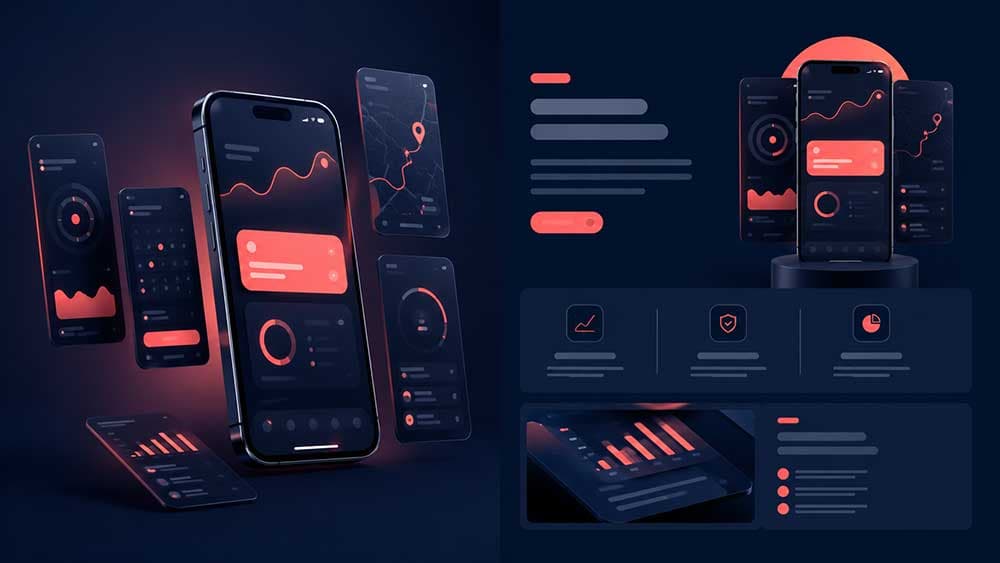 3D render of app screenshots floating from a phone screen and arranging themselves into a landing page layout on a dark background