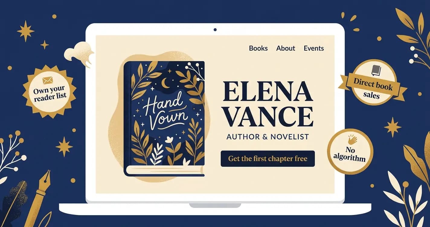 'Author website on a laptop showing book cover hero image, newsletter CTA, and navigation for books, about, and events, representing the best website builders for authors and writers in 2026'