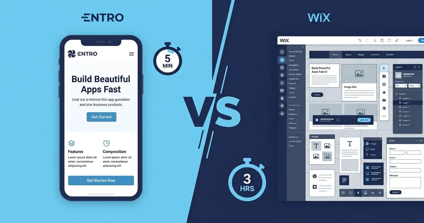 "Entro versus Wix comparison for mobile app landing pages in 2026, showing setup time difference"