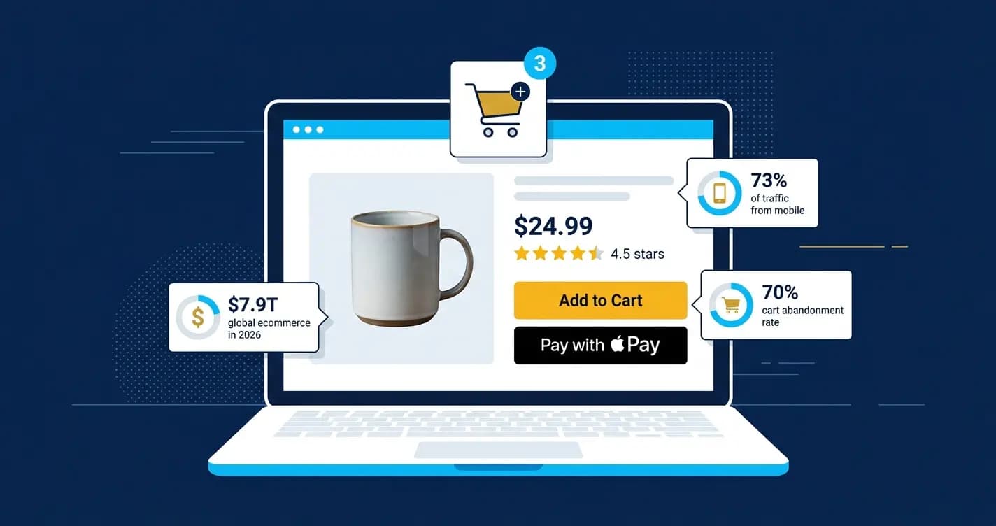 'Ecommerce website product page on laptop showing product image, price, add to cart button, and Apple Pay with global ecommerce statistics, representing the best website builders for ecommerce in 2026