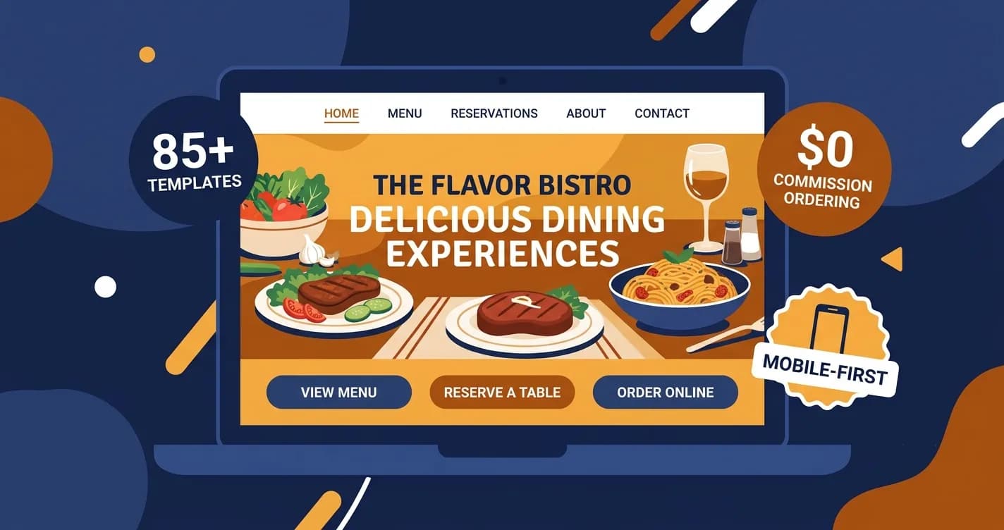 "Laptop showing a restaurant website with menu, reservation, and online ordering features, representing the best restaurant website builders in 2026"