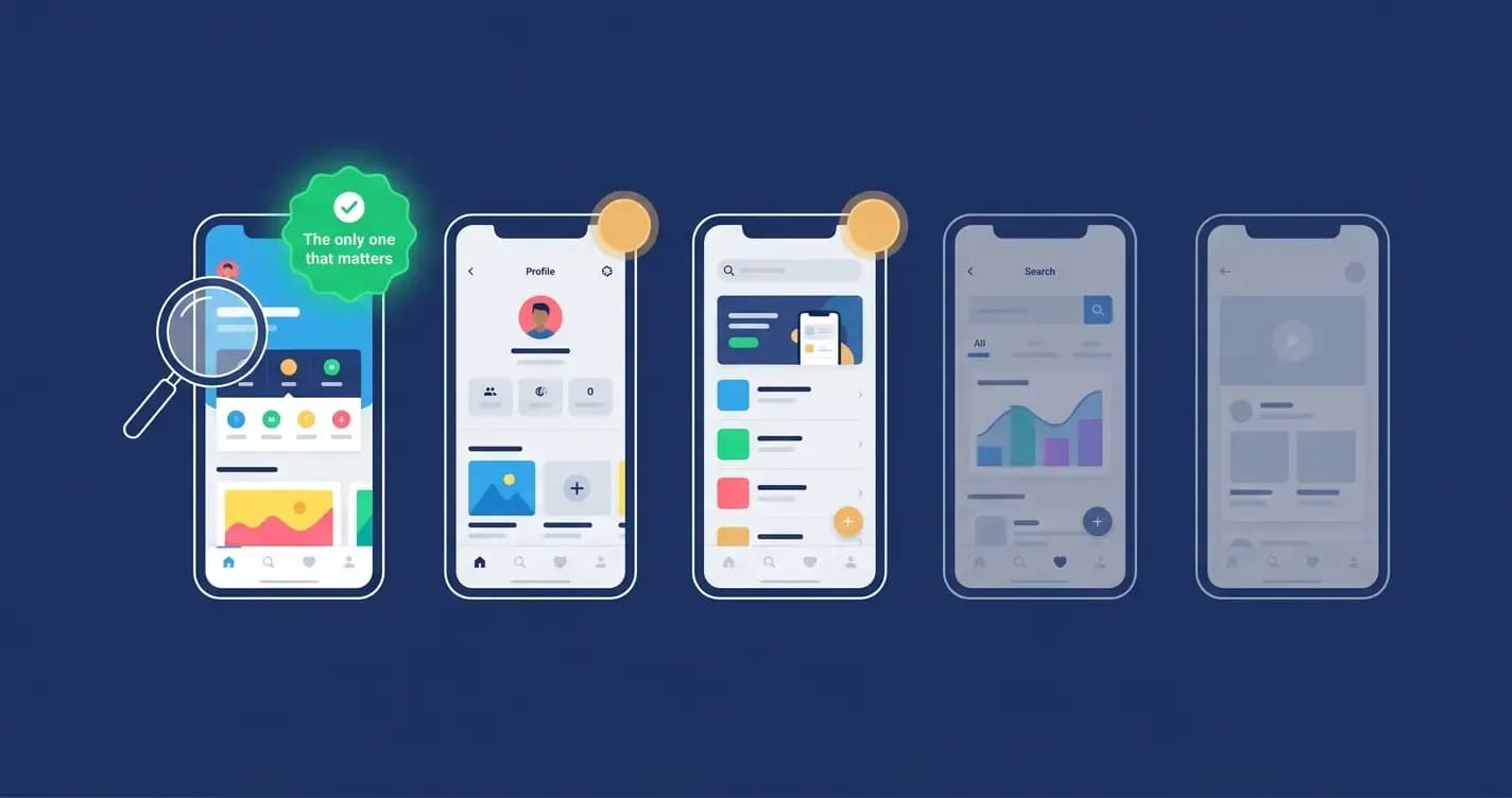 "Five app store screenshots arranged in order with the first one highlighted as the most important for app store conversion in 2026"