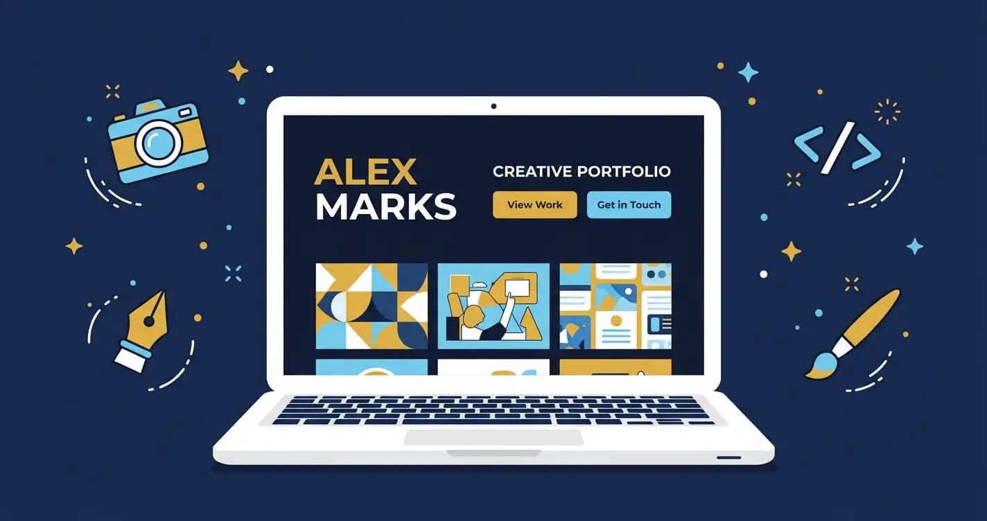 'Portfolio website on a laptop with work grid and contact CTA, surrounded by profession icons, representing the best website builders for portfolio sites in 2026'