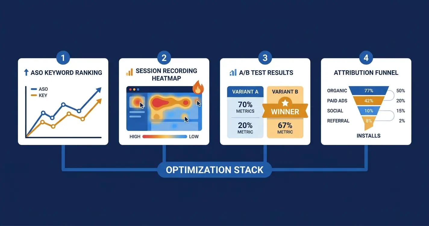Four-panel illustration showing mobile app optimization software categories: ASO tracking, session analytics, A/B testing, and attribution measurement"