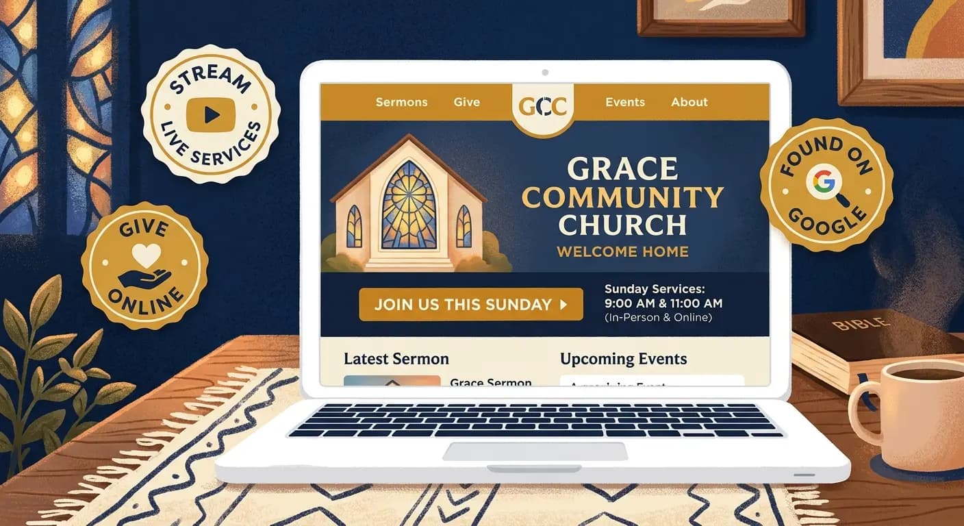Church website on a laptop showing Sunday service time, sermon archive link, online giving button and livestream badge, representing the best website builders for churches in 2026'