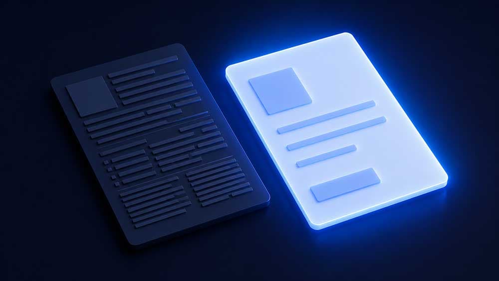 Isometric 3D render showing two floating document cards, one dense and dim, one clean and glowing blue, on a dark navy background.