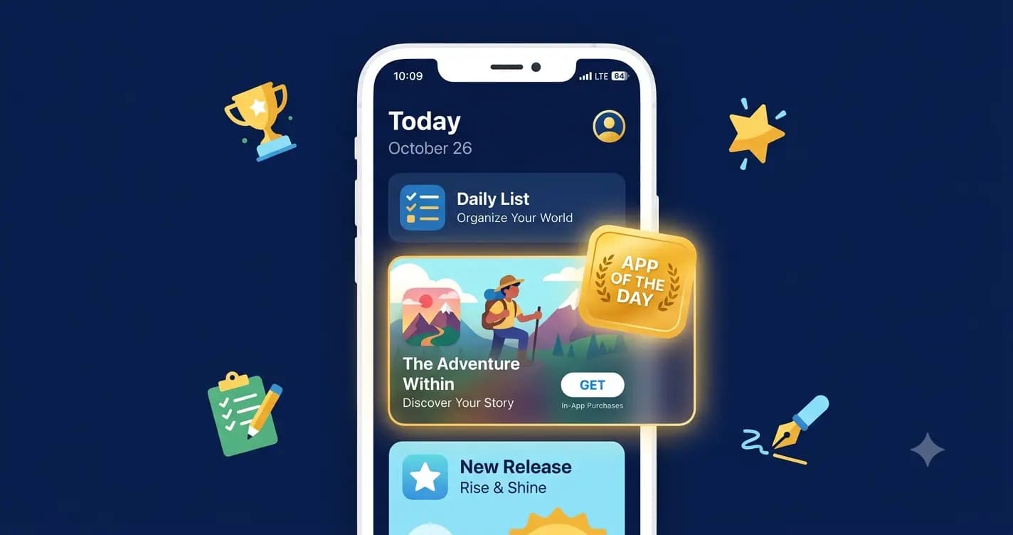 "iPhone showing an App Store Today tab with an App of the Day featured card, representing how to get featured on the App Store in 2026"