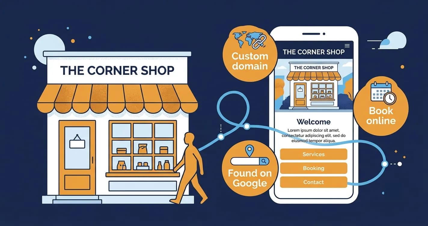 "Small business shopfront next to a smartphone showing the business website, representing how a website builder converts online visitors into real customers in 2026"