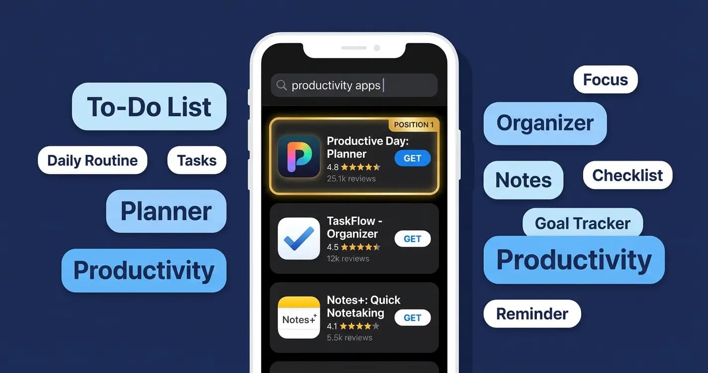 'iPhone showing App Store search results with the first app highlighted in position 1,