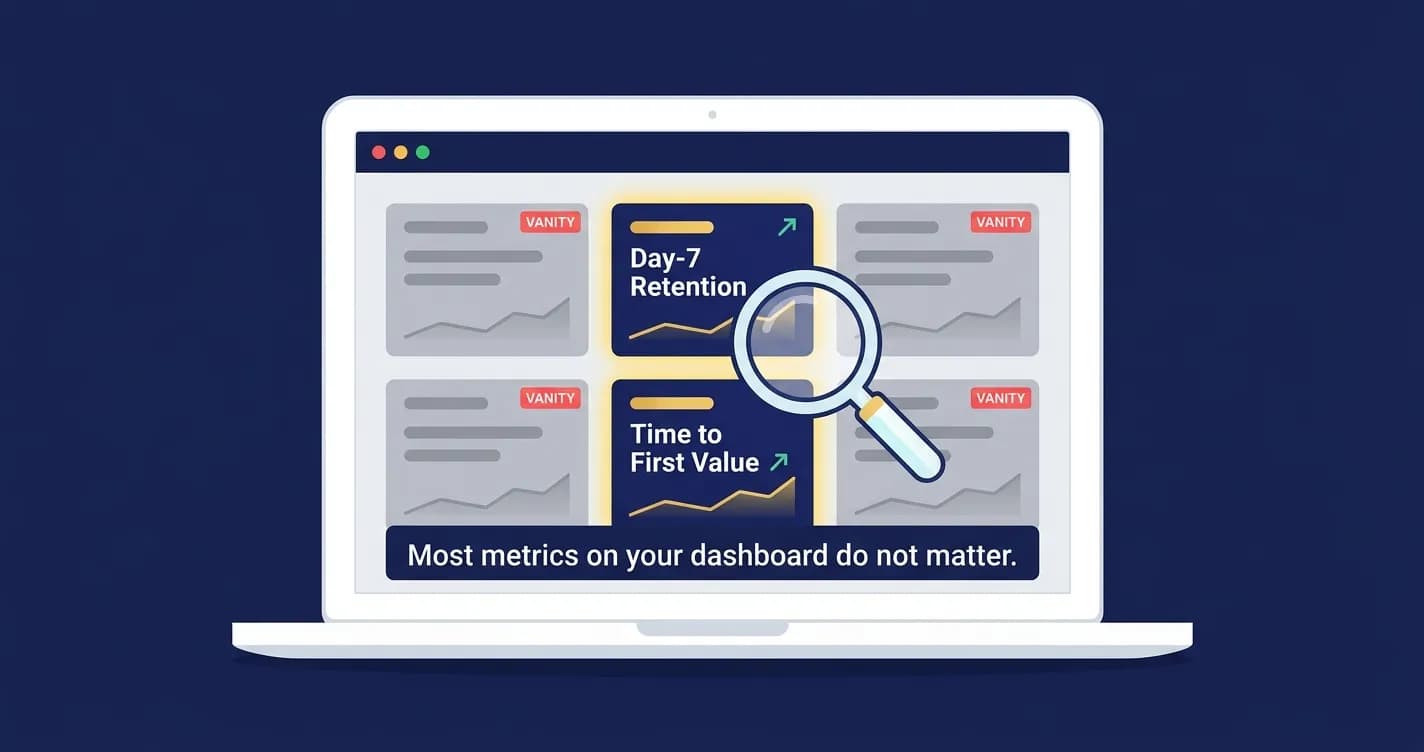 "Mobile app analytics dashboard showing most metrics greyed out as vanity metrics while Day-7 retention and Time to First Value are highlighted as the metrics that actually matter in 2026"