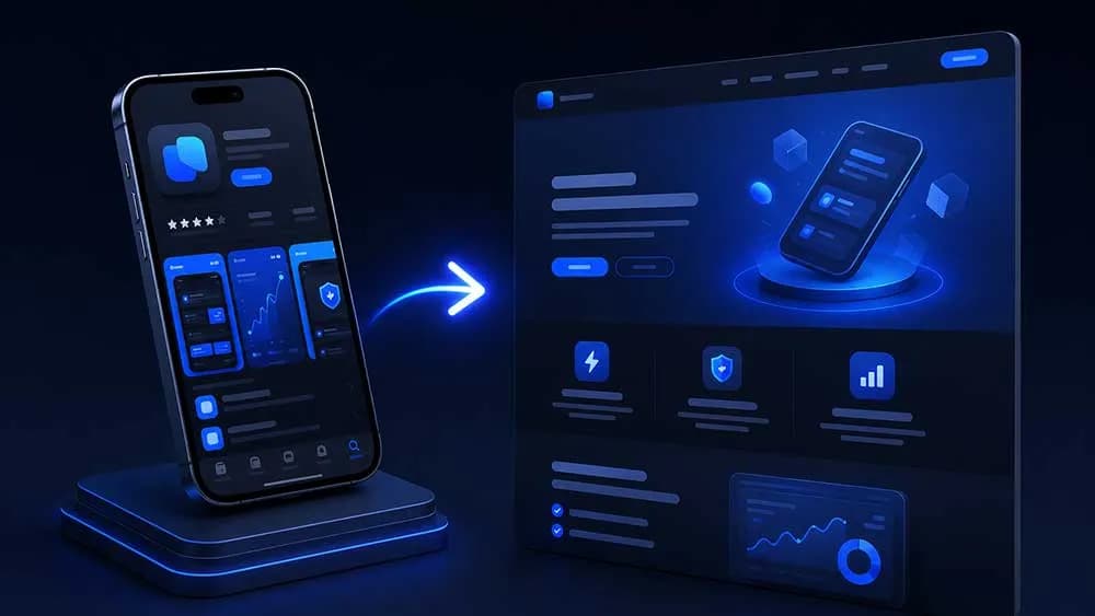3D isometric render showing an App Store listing transforming into a clean landing page, connected by a glowing blue arrow on a dark navy background.