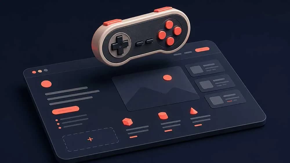 Isometric 3D render of a game controller hovering above a mobile app landing page wireframe on a dark navy background with coral accents