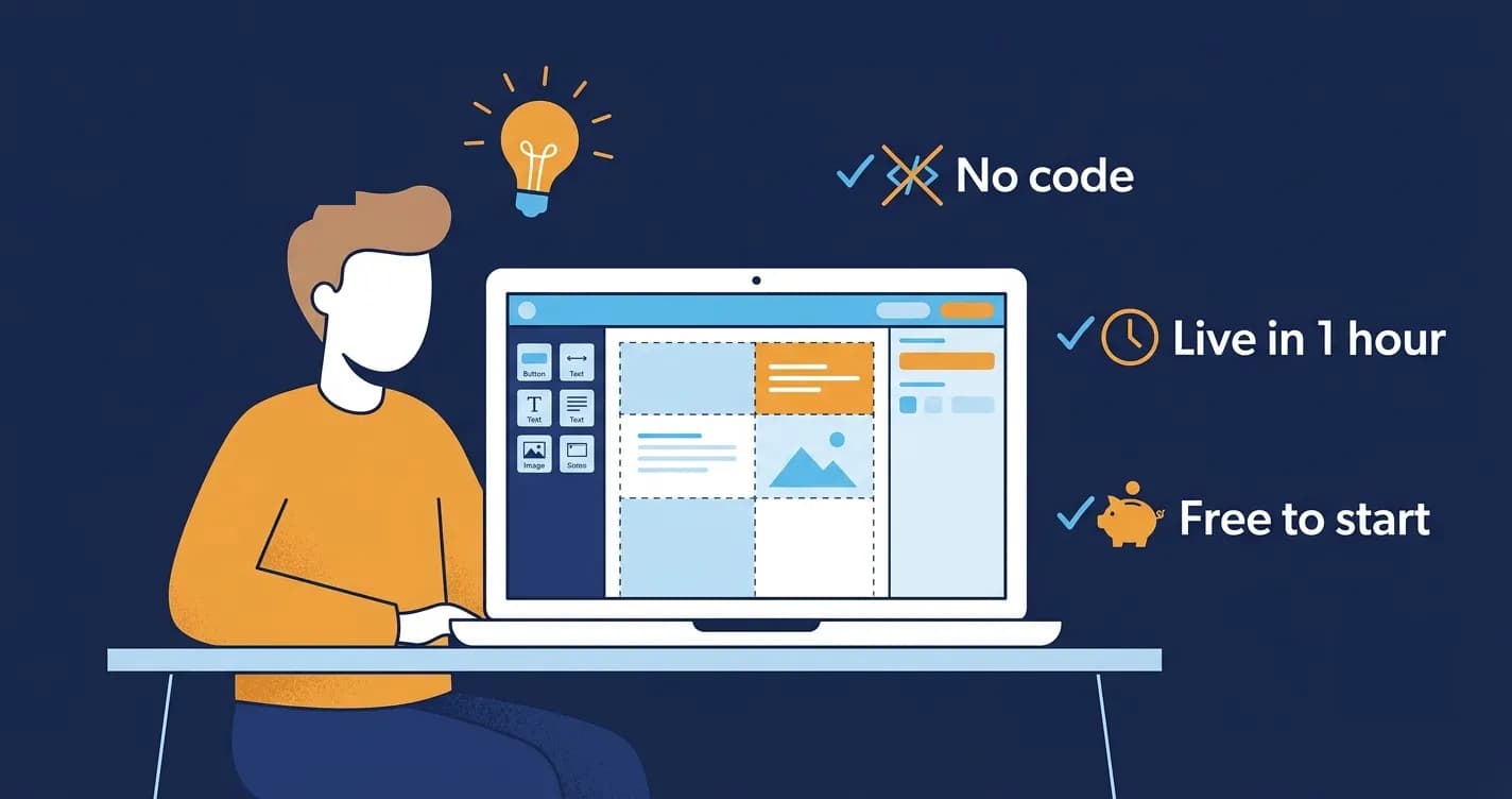 "Person building a website with a drag-and-drop builder, representing the best website builders for beginners in 2026 with no coding required"