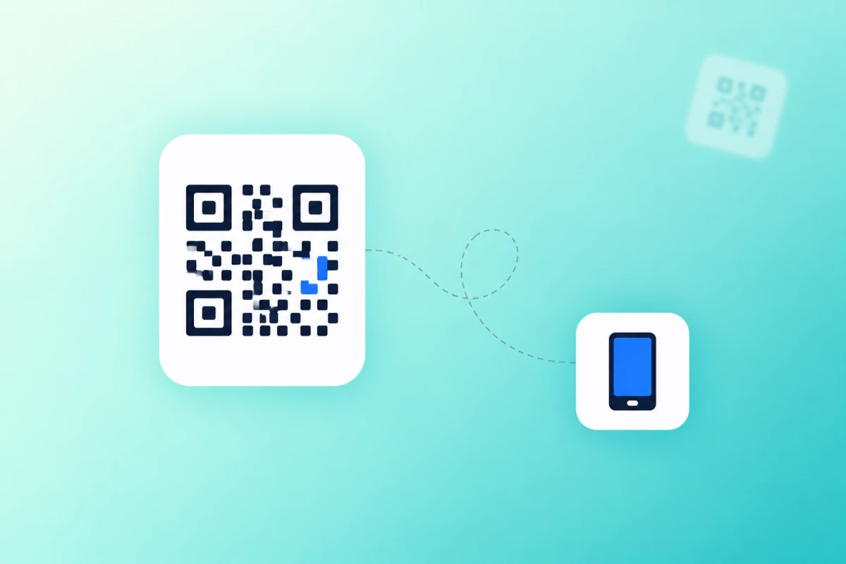 A QR code with a dotted path running from it to a phone showing the website it opens