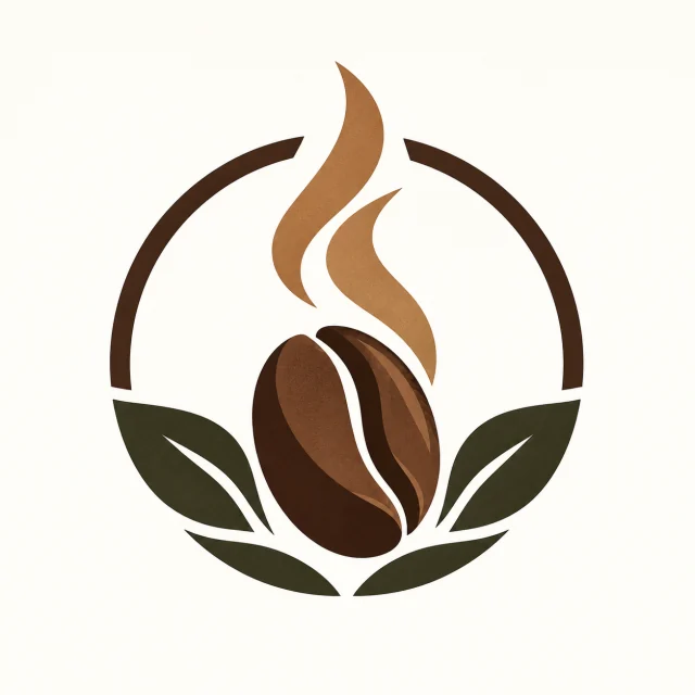 A logo mark: a coffee bean with rising steam inside a ring, with two leaves