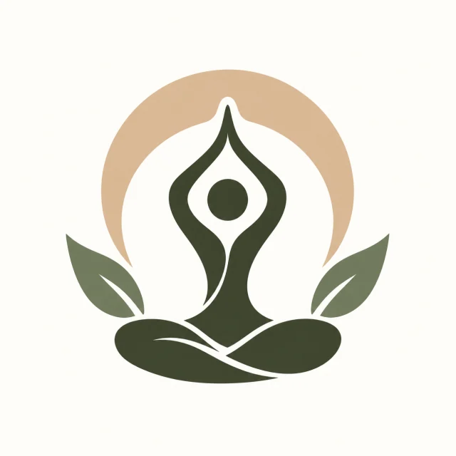 A logo mark: a seated figure with raised arms between two leaves under an arc