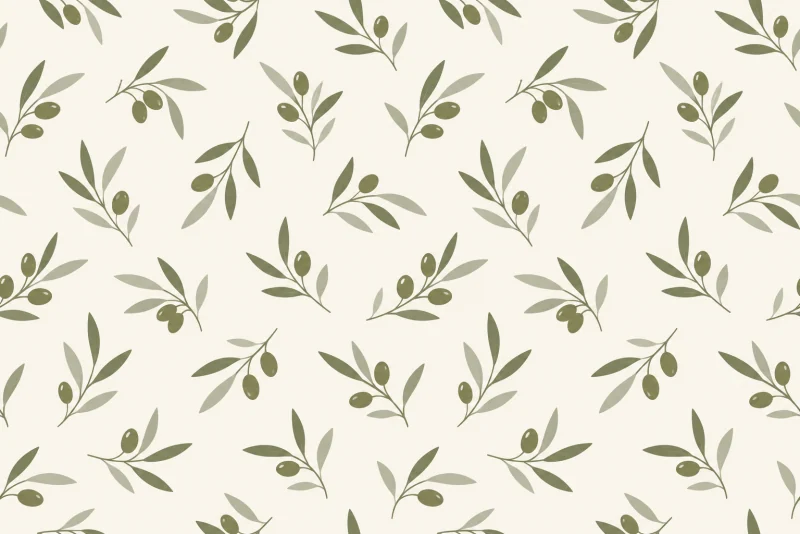 A repeating pattern of small olive branches on an off-white ground
