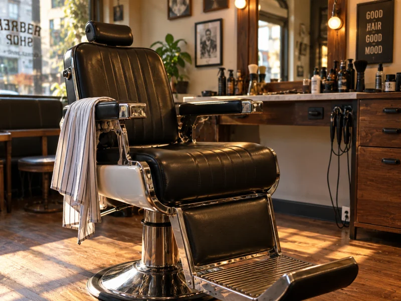 A black leather barber's chair with chrome fittings in a wood-panelled shop