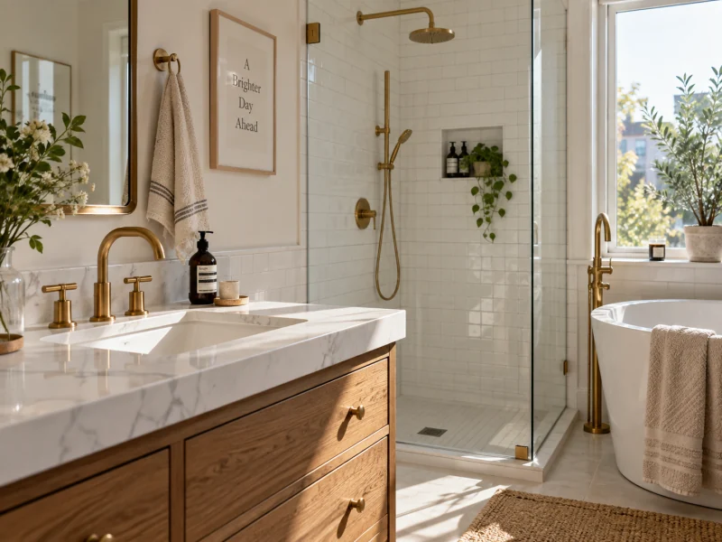 A renovated bathroom with white tiles, a walk-in shower and brass taps