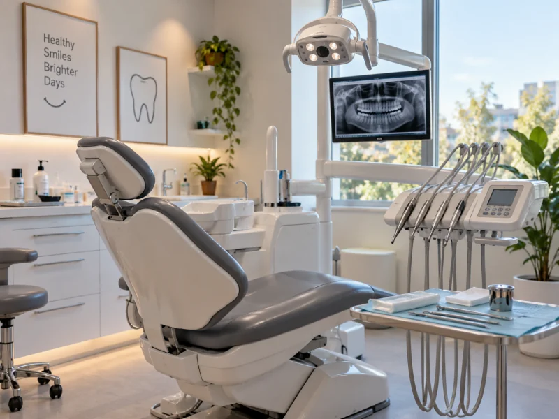 A bright dental treatment room with a grey chair and a window