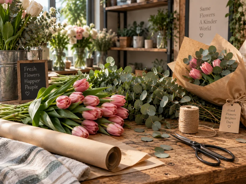 Pink tulips and eucalyptus on a florist's wooden workbench with paper and twine