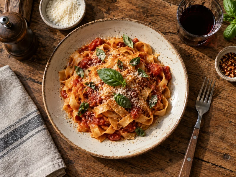 A bowl of tagliatelle in tomato sauce with basil, seen from above on a wooden table