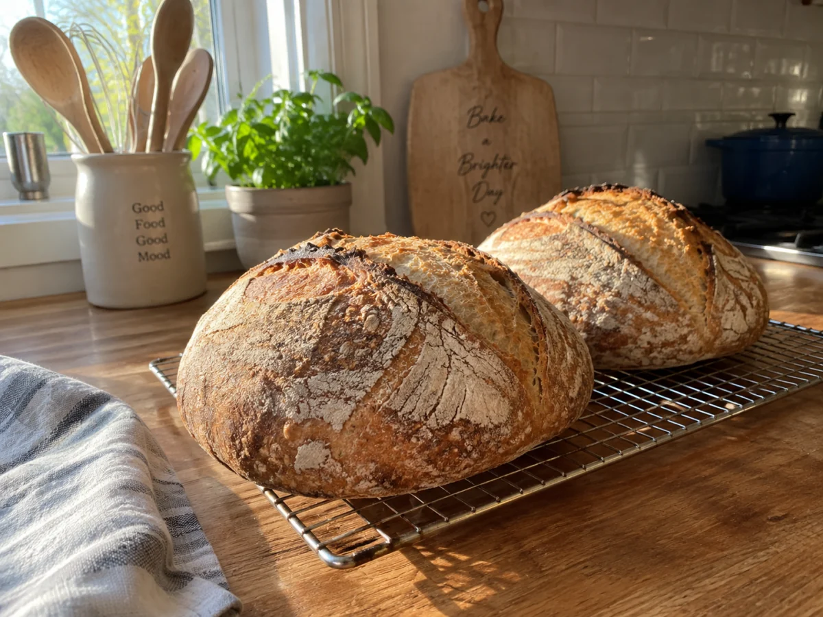 Two sourdough loaves cooling on a wire rack on a wooden counter in morning light