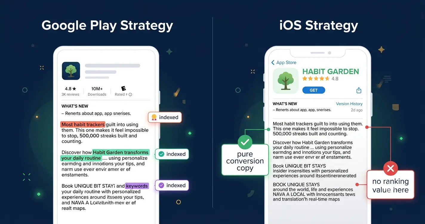 "Two-panel illustration showing Google Play description strategy with keyword highlights versus iOS App Store description strategy focused purely on conversion copy with no keyword ranking value"