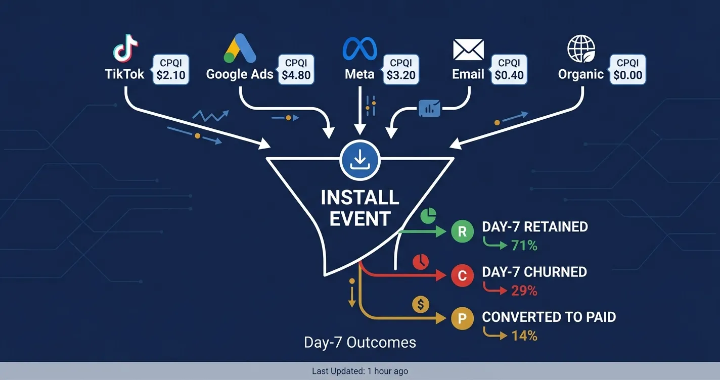 "Attribution funnel diagram showing five acquisition channels traced through app install to retention and revenue outcomes, with cost per quality install visible per channel as measured by a mobile measurement partner"