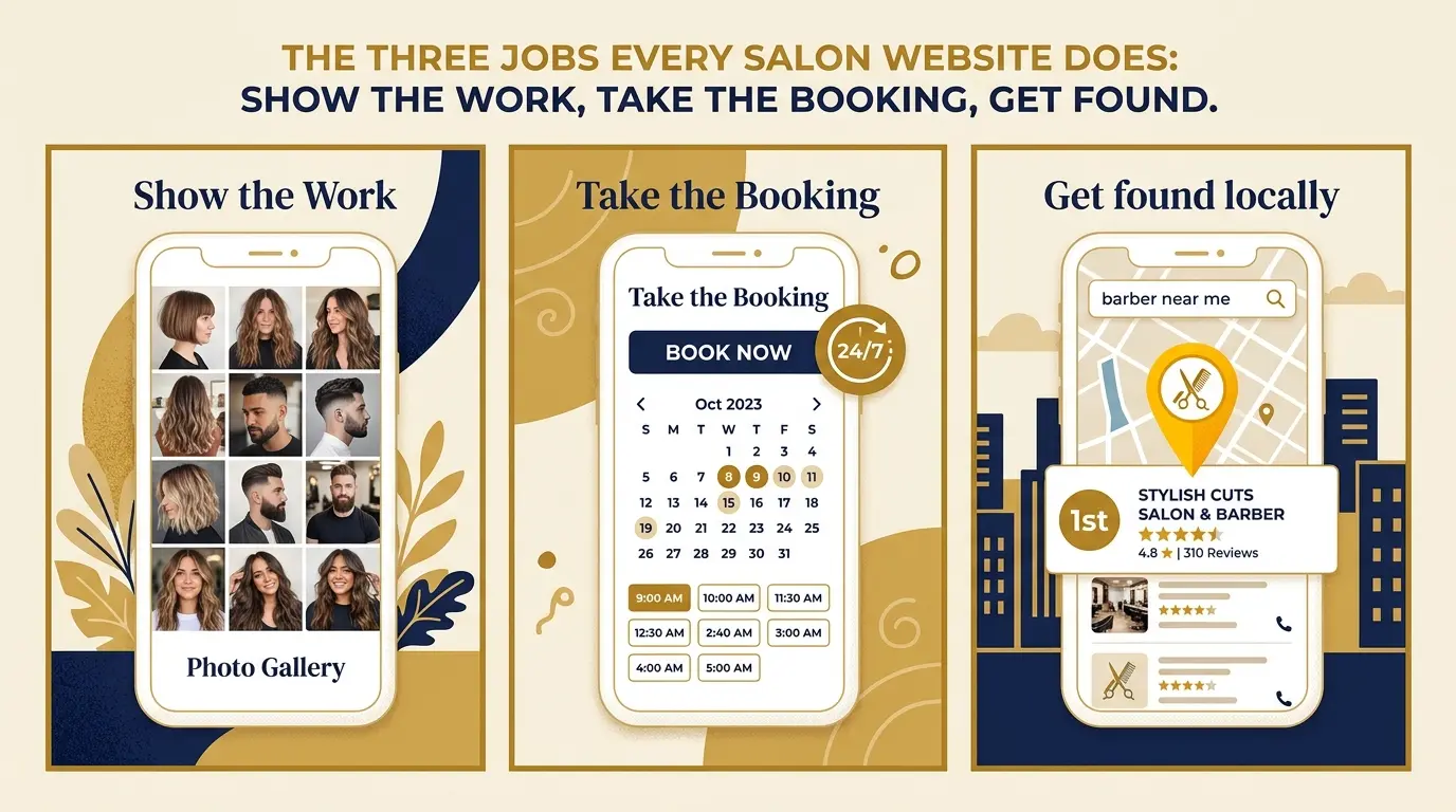 "Three-panel illustration showing the three jobs of a salon website: a photo gallery of work, a 24/7 book now button with calendar, and a Google Maps local search result for barber near me"