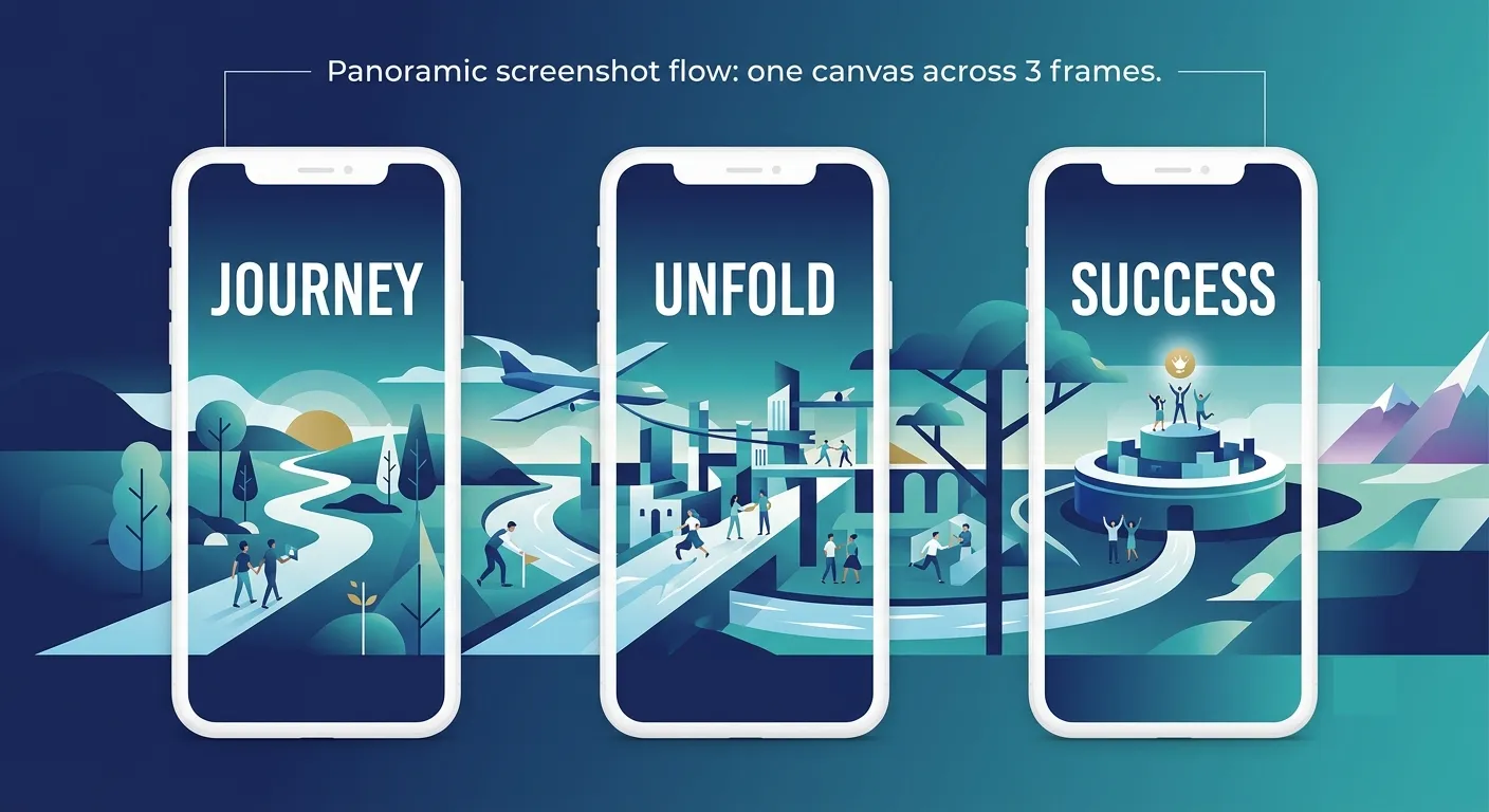 "Three app store screenshots with a continuous panoramic background flowing across all frames, illustrating how a connected visual design increases swipe engagement and screenshot conversion"