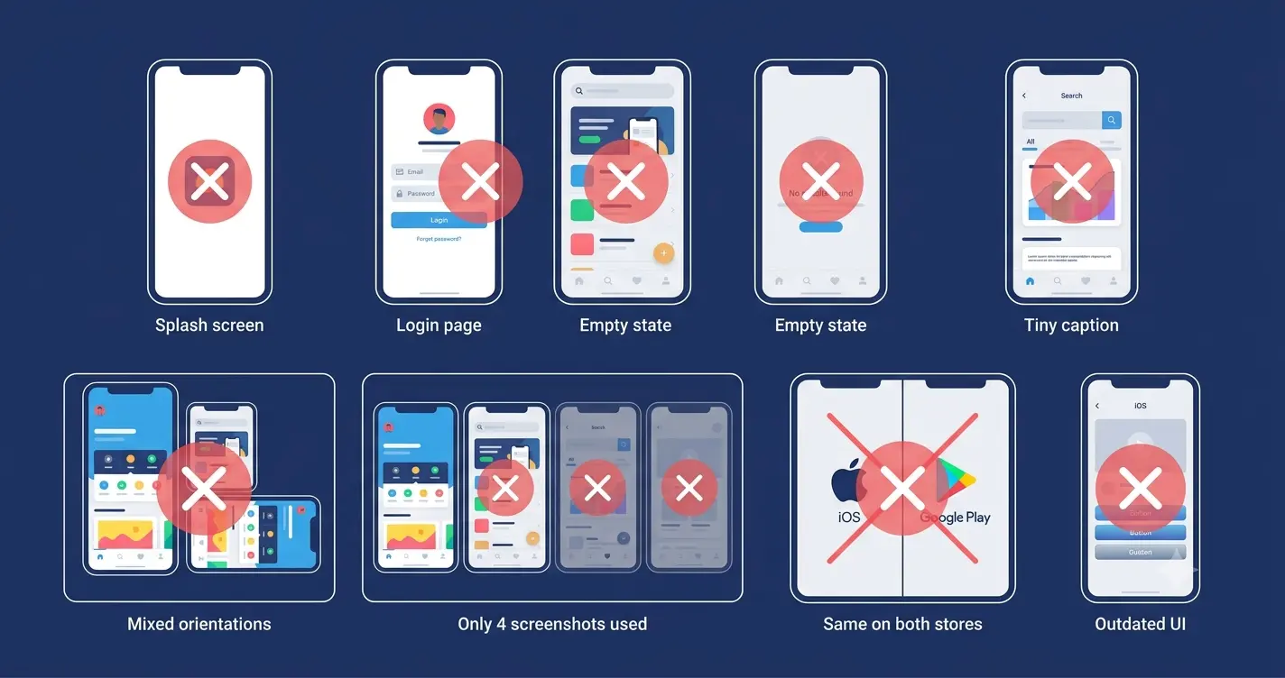 "Eight common app store screenshot mistakes shown on phone frames: splash screen, login page, empty state, tiny caption, mixed orientation, too few screenshots, duplicate cross-platform screenshots, and outdated UI"