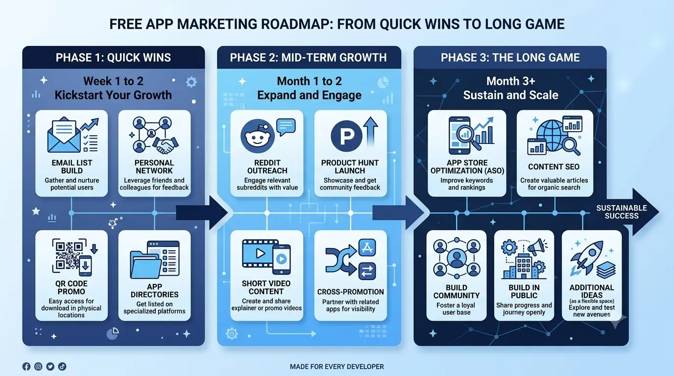 "Roadmap showing 13 free app marketing ideas organized by timeframe: quick wins in weeks 1 to 2, mid-term tactics in months 1 to 2, and long-game channels in month 3 and beyond"