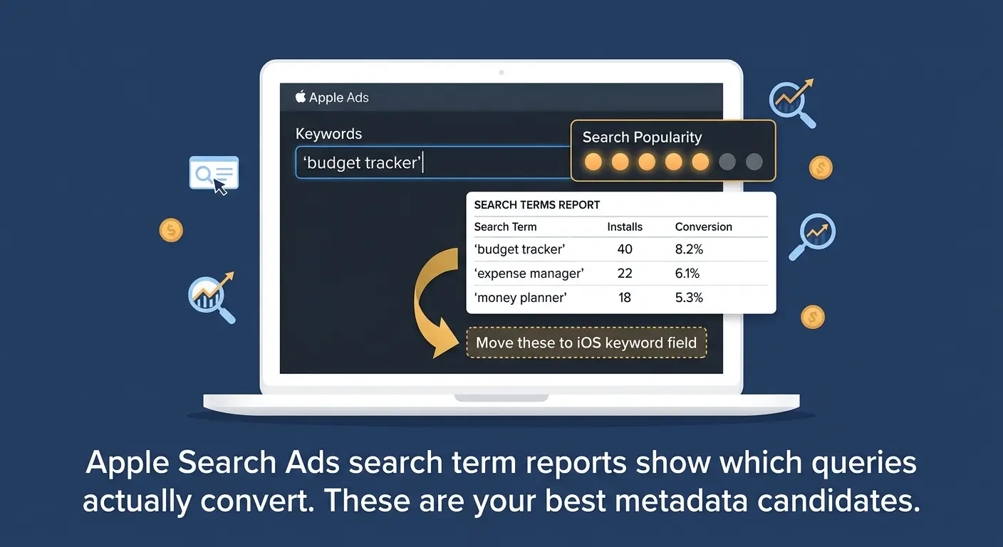 "Apple Search Ads campaign builder showing keyword Search Popularity scores and a Search Terms report with conversion rates, illustrating how to use paid search data to identify high-converting keywords for iOS App Store organic metadata"