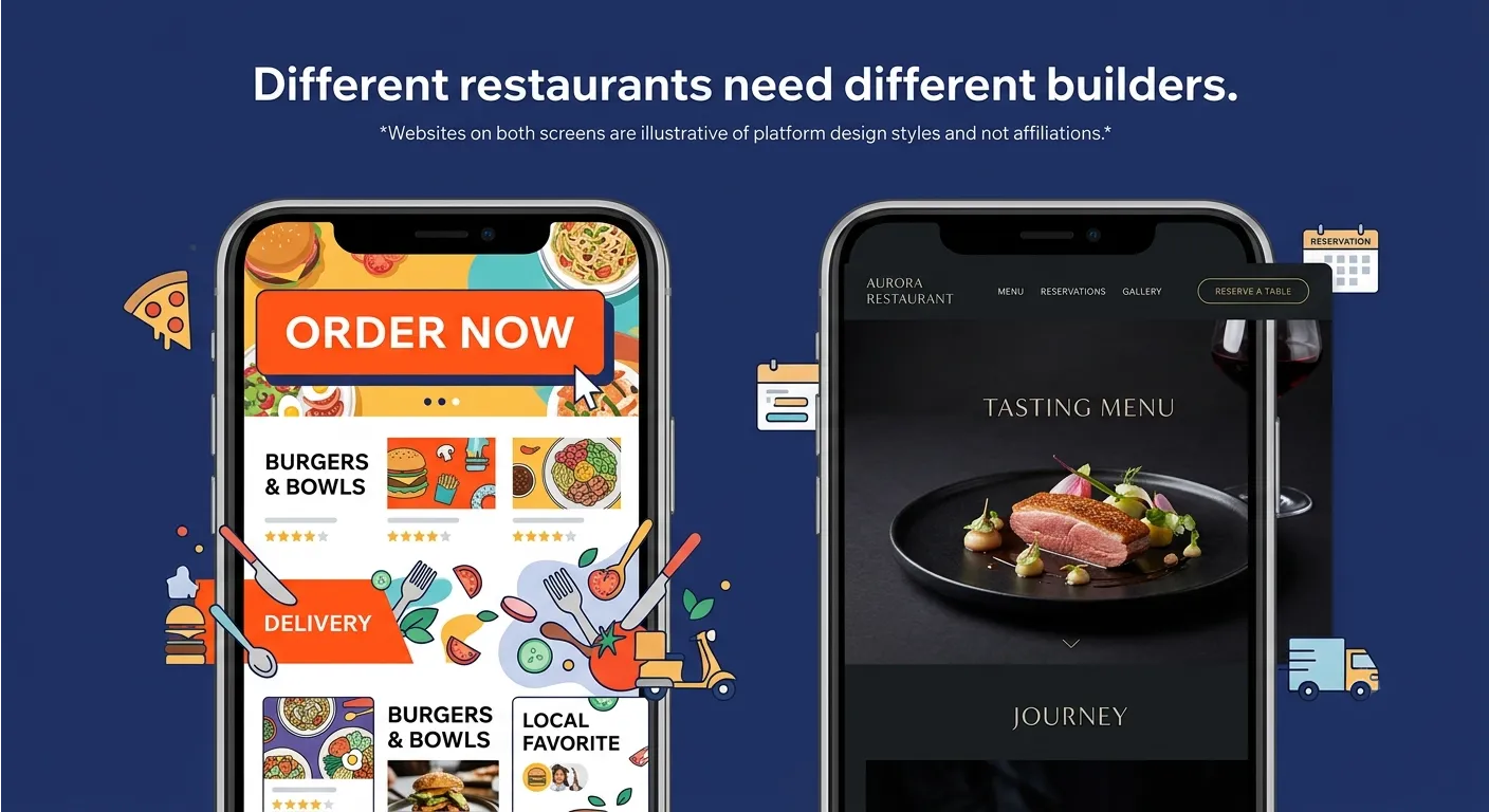  "Two restaurant website styles shown on phone screens: a casual delivery-focused design with prominent order now button versus an elegant fine dining design with reservation focus, illustrating how different restaurant types need different website builders"