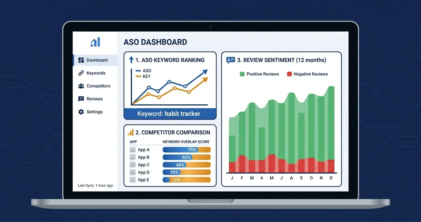 "ASO software dashboard illustration showing keyword ranking trend, competitor keyword overlap, and review sentiment analysis panels representing the core features of app store optimization tools in 2026"