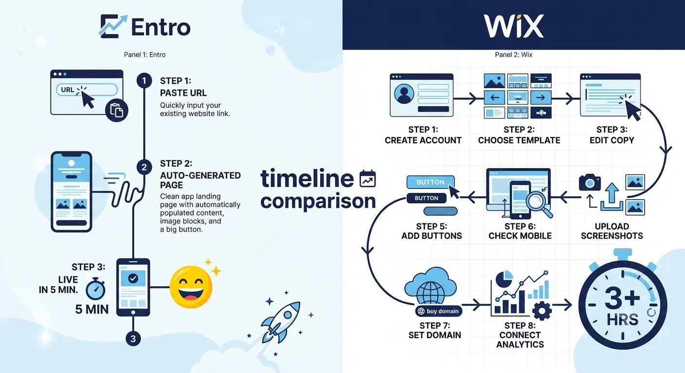 "Side-by-side setup timeline comparing Entro's 3-step 5-minute process to Wix's 8-step 3-hour process for creating an app landing page"