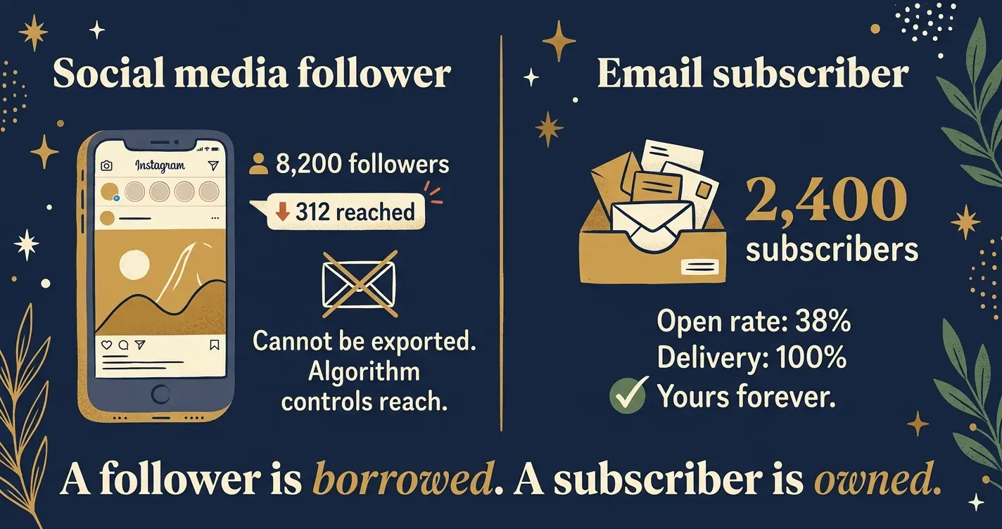 "Side-by-side comparison showing 8,200 social media followers with only 312 reached per post versus 2,400 email subscribers with 100% delivery rate, illustrating why an author mailing list is more valuable than social following"