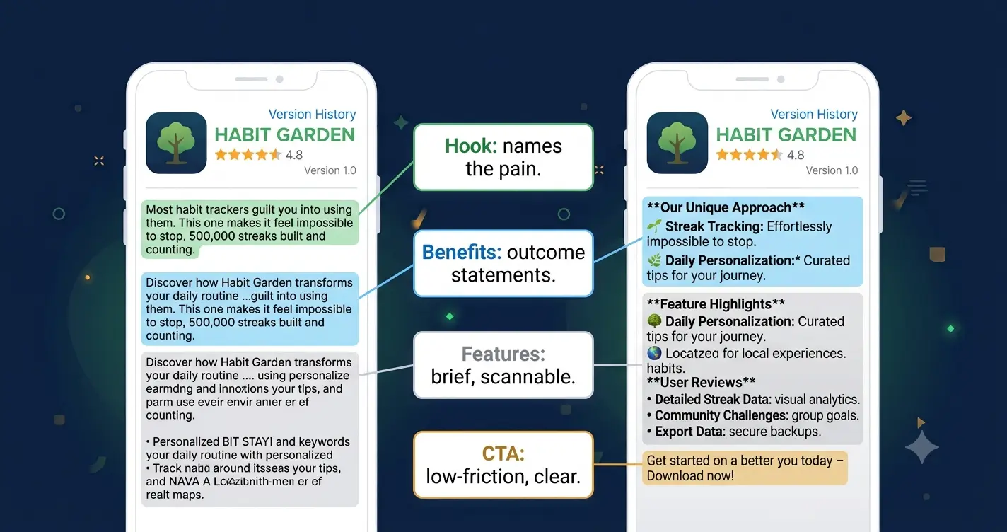 "Annotated app store description showing the four structural sections: hook in green, benefits in sky blue, features in light grey, and call to action in amber, illustrating the five-part conversion structure"