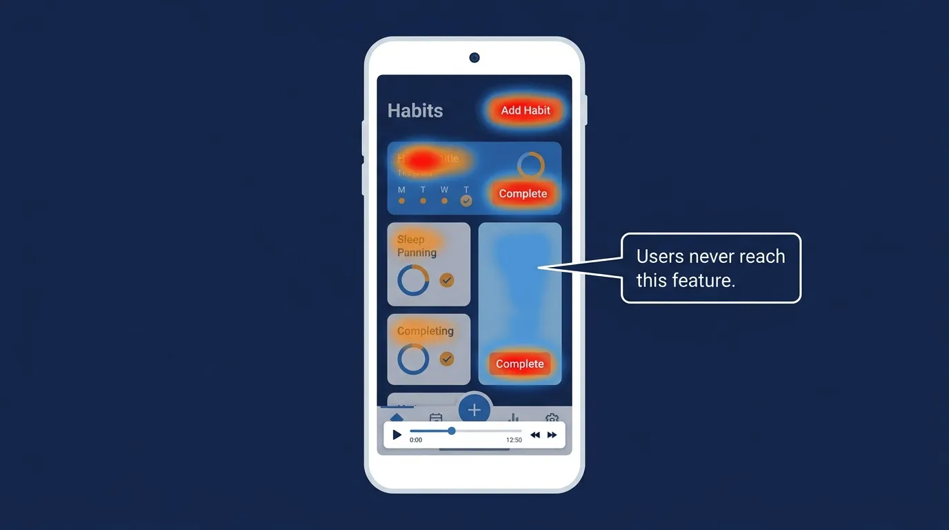 "Mobile app session recording heatmap showing touch frequency overlays on a habit tracking app UI, with a callout indicating a frequently ignored feature area discovered through UXCam-style analytics"