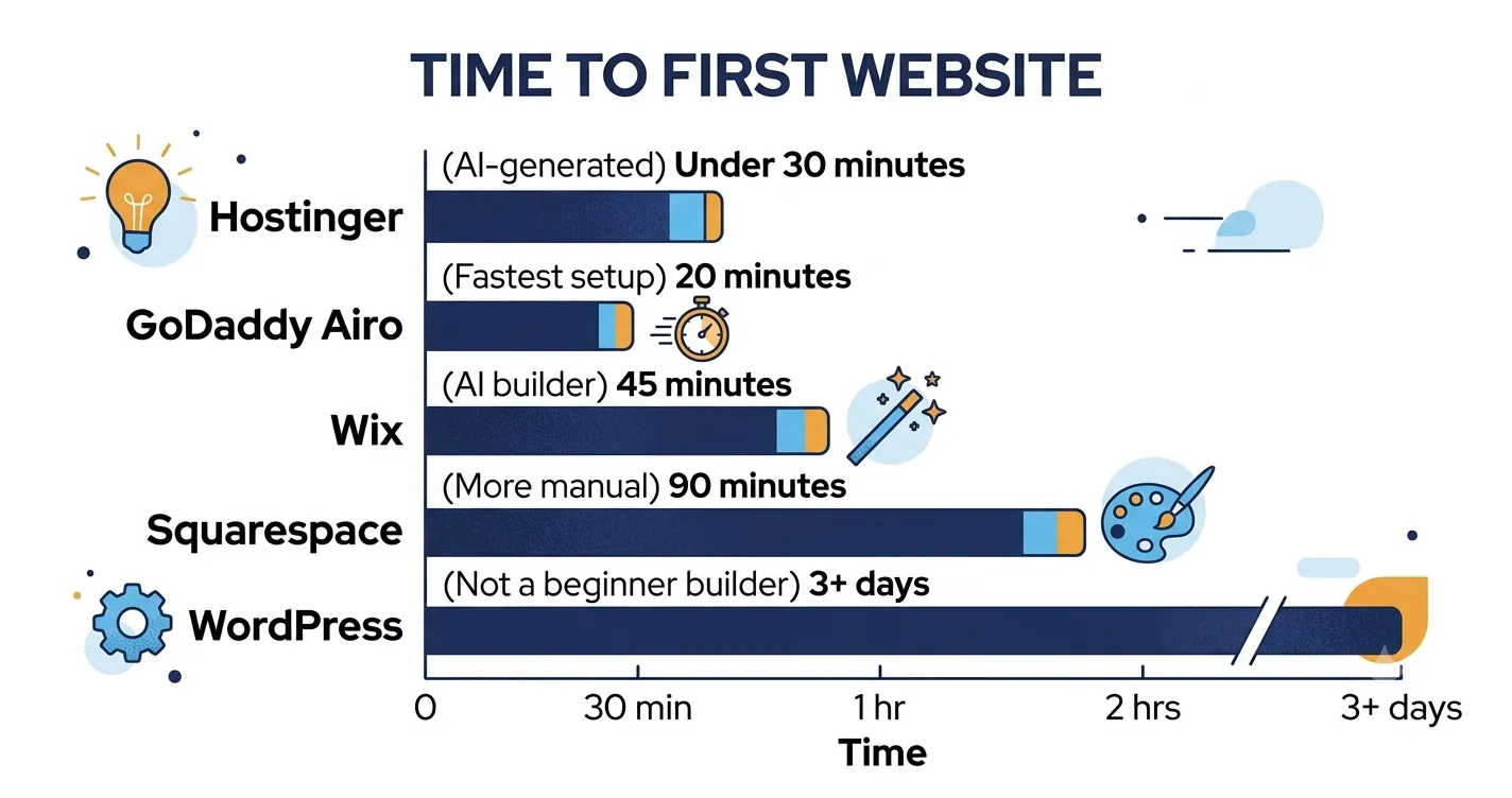 "Bar chart showing time to first published website for five website builders, from GoDaddy Airo at 20 minutes to WordPress at 3 plus days, illustrating setup speed differences for beginners"