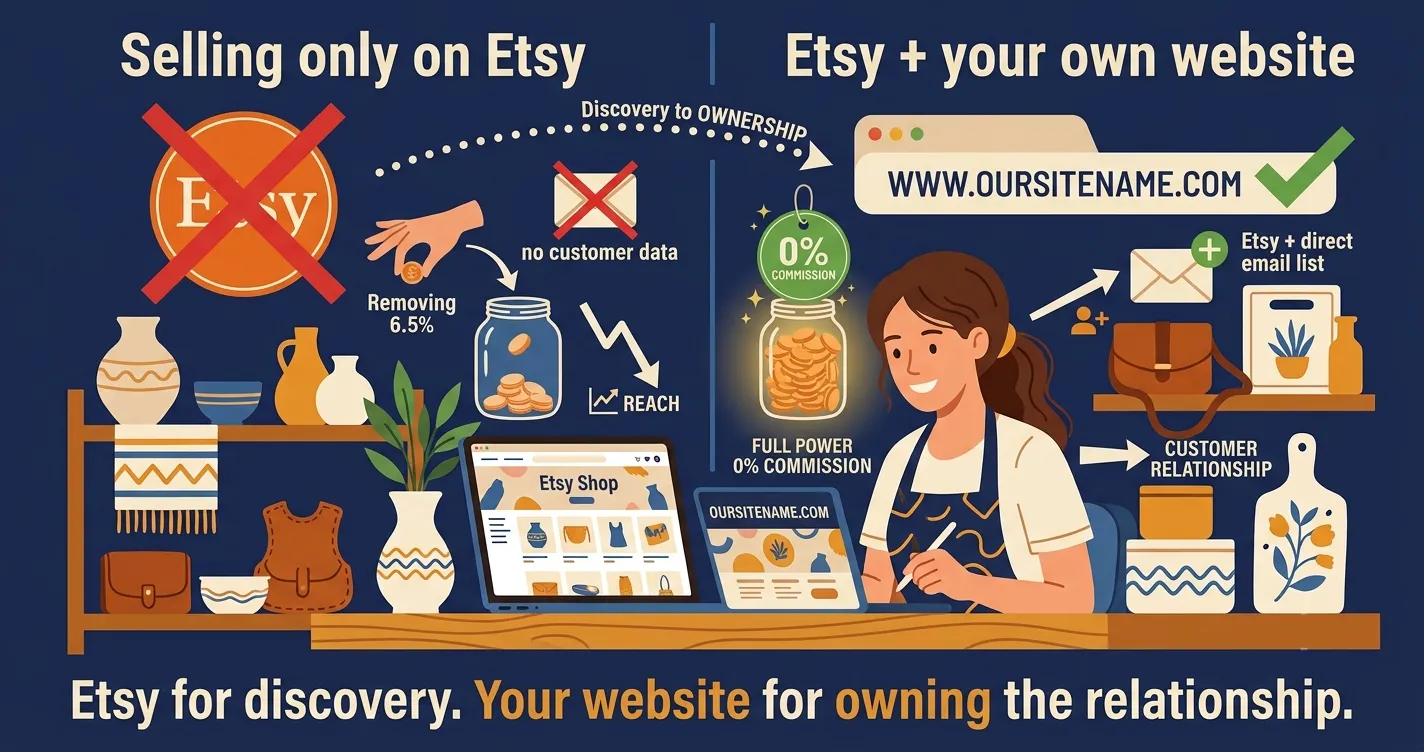 "Split illustration showing Etsy-only selling with fees removed and no customer data versus Etsy plus own website with zero commission and growing email list"